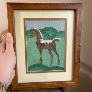 Needlepoint Handmade Brown and Green Horse Cross-Stitch Wood Framed Wall Art